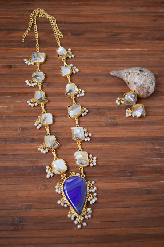 Seashell Jewelry Set with Blue Stone Pendant