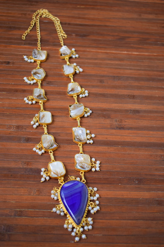 Seashell Jewelry Set with Blue Stone Pendant