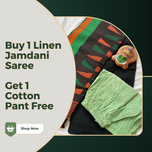 Esha - Buy Black Linen Jamdani Saree  & Get Cotton Pant Free