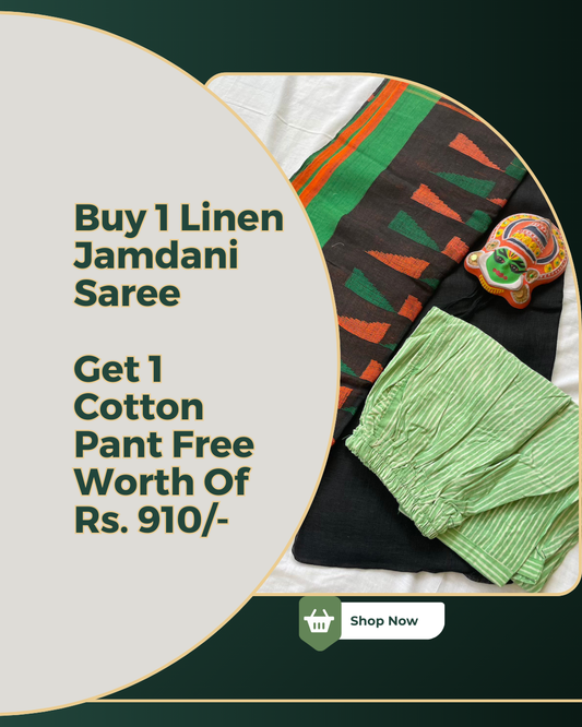 Esha - Buy Black Linen Jamdani Saree  & Get Cotton Pant Free