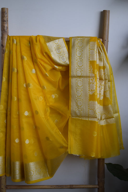 Canary Yellow Kora Organza Buti Benarasi Saree