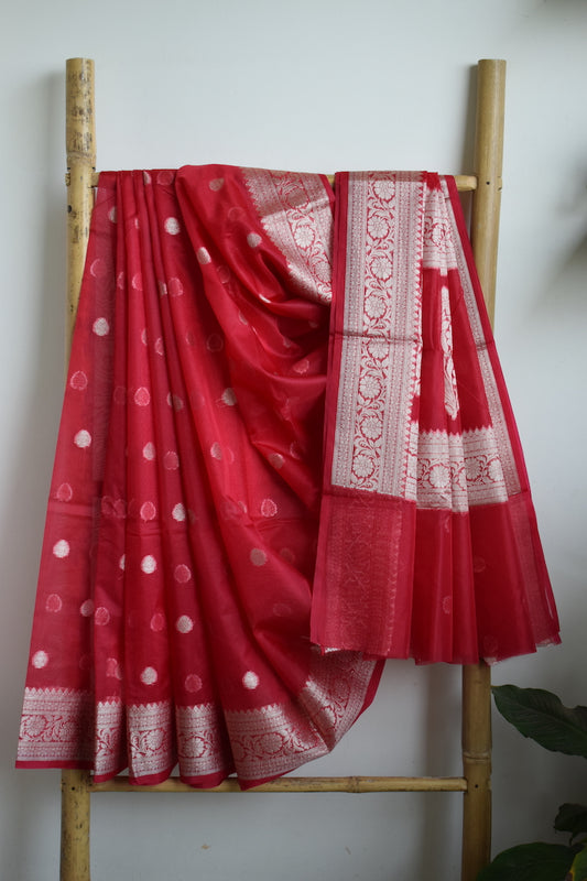 Cherry Red Kora Organza Buti Benarasi Saree