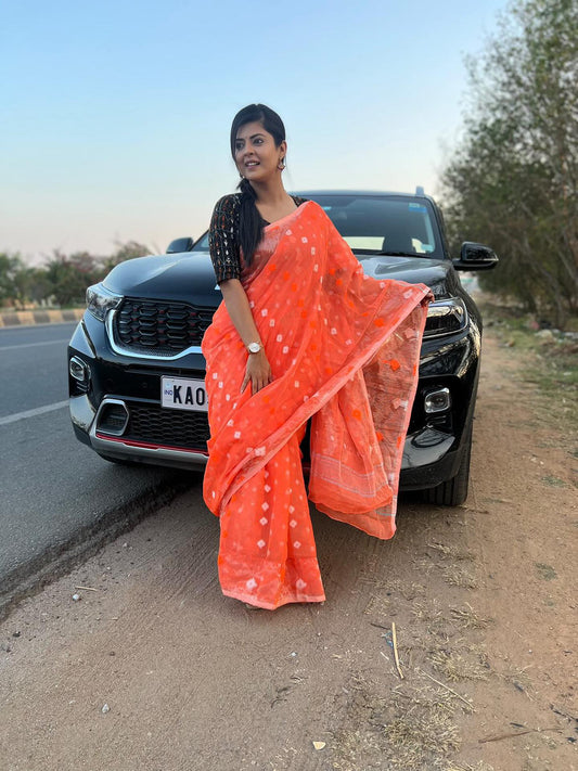 Orange Silk Cotton Jamdani Saree