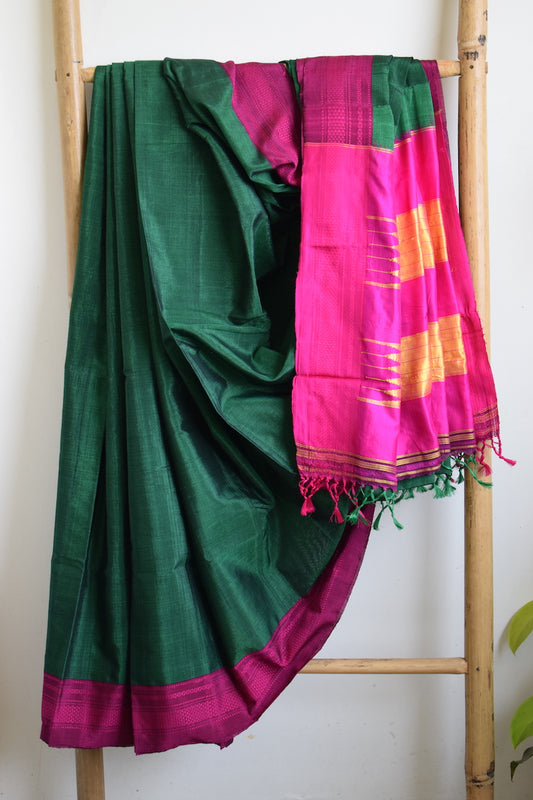 Green Ilkal Viscose Saree with Chikki Paras Border