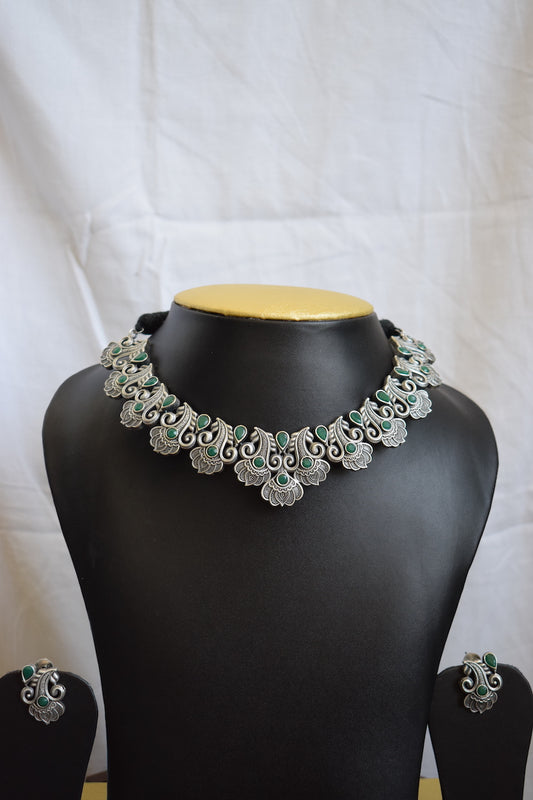 Silver Lookalike Brass Set with Green Stones