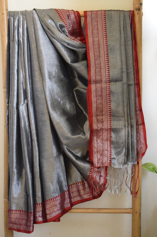 Grey Tissue Cotton Saree With Border