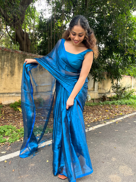 Electic Blue Tissue Cotton Saree