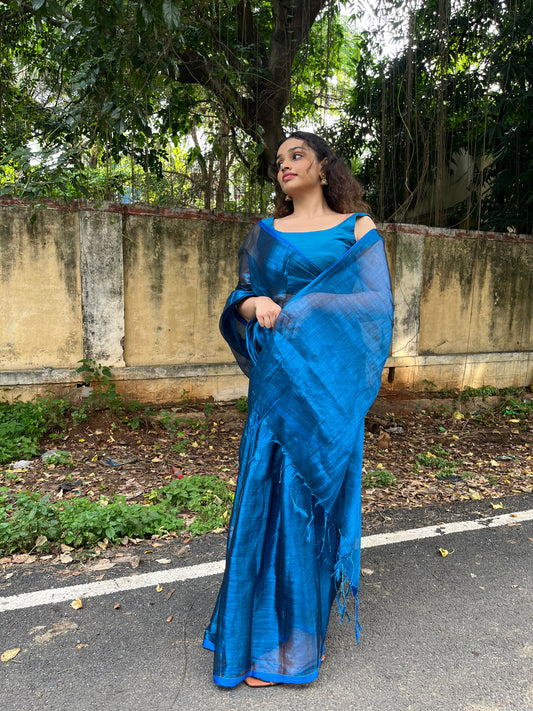 Electic Blue Tissue Cotton Saree