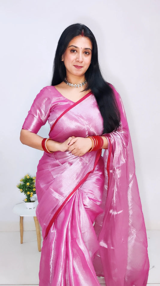 Pink and Silver Tissue Cotton Saree