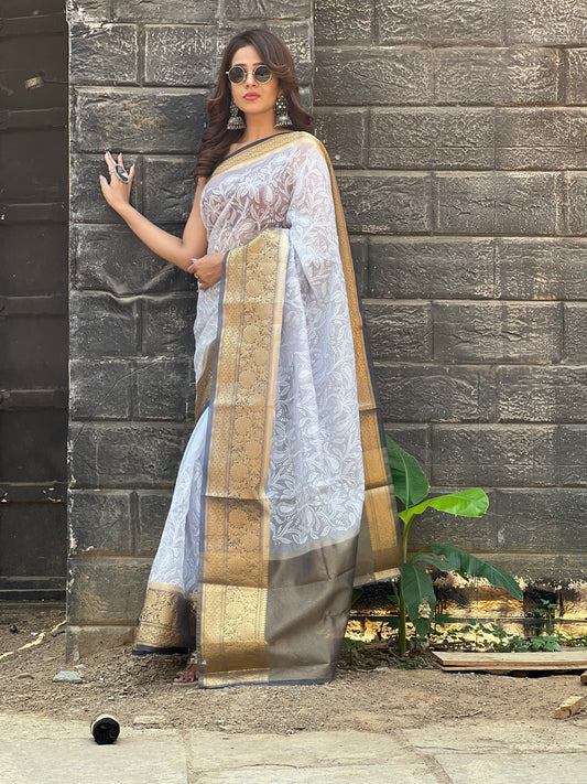 Grey Semi Organza Chikankari Benarasi Saree