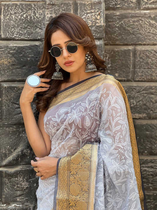 Grey Semi Organza Chikankari Benarasi Saree