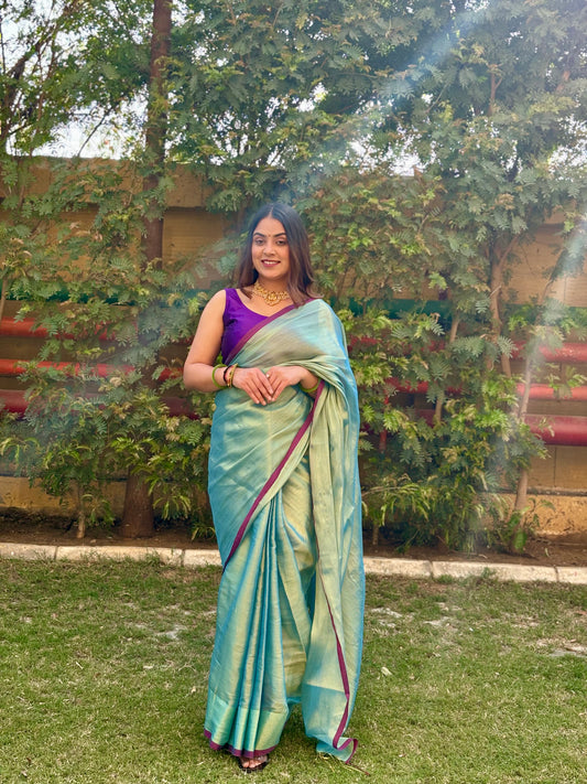 Green and Gold Tissue Cotton Saree