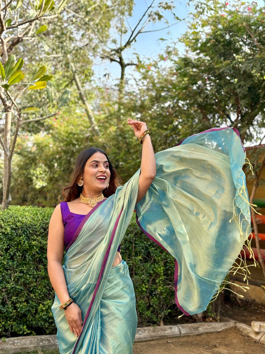 Green and Gold Tissue Cotton Saree