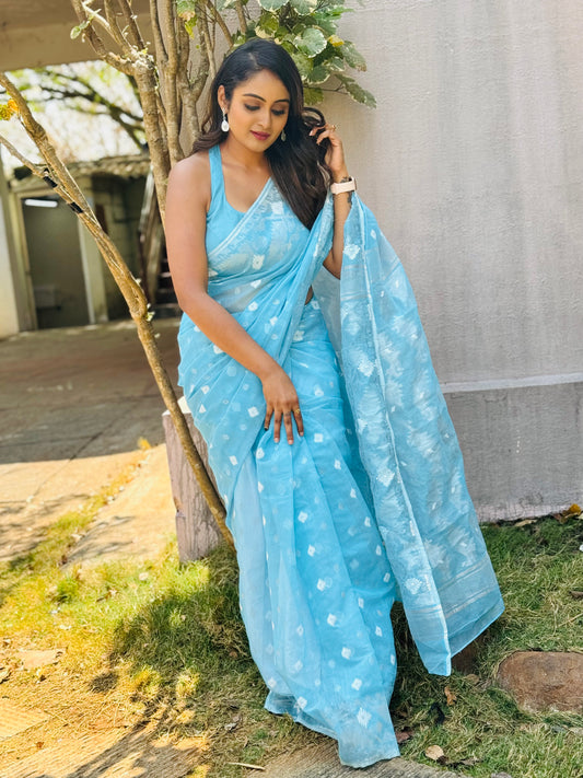 Sky Blue Silk Cotton Jamdani Saree