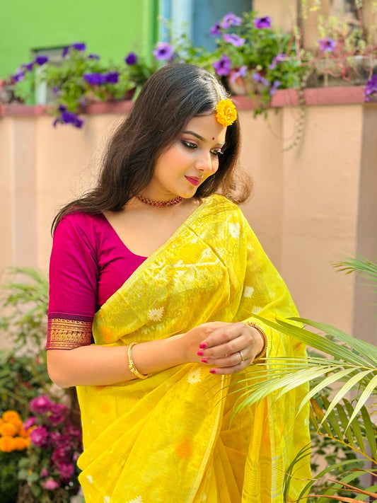 Canary Yellow Silk Cotton Jamdani Saree