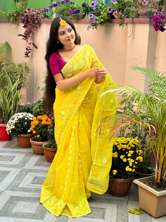 Canary Yellow Silk Cotton Jamdani Saree