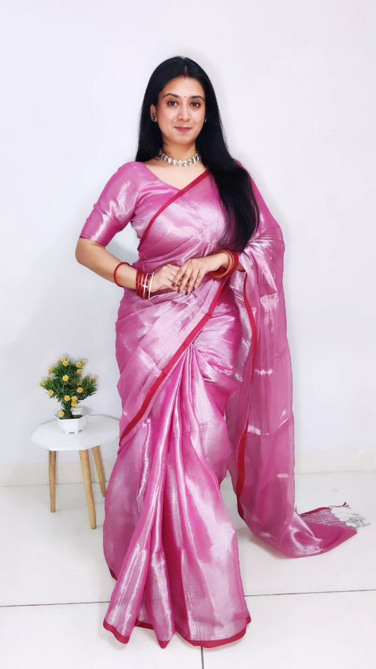 Pink and Silver Tissue Cotton Saree