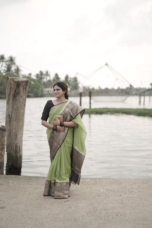 Neon Green Benarasi Silk Linen Saree