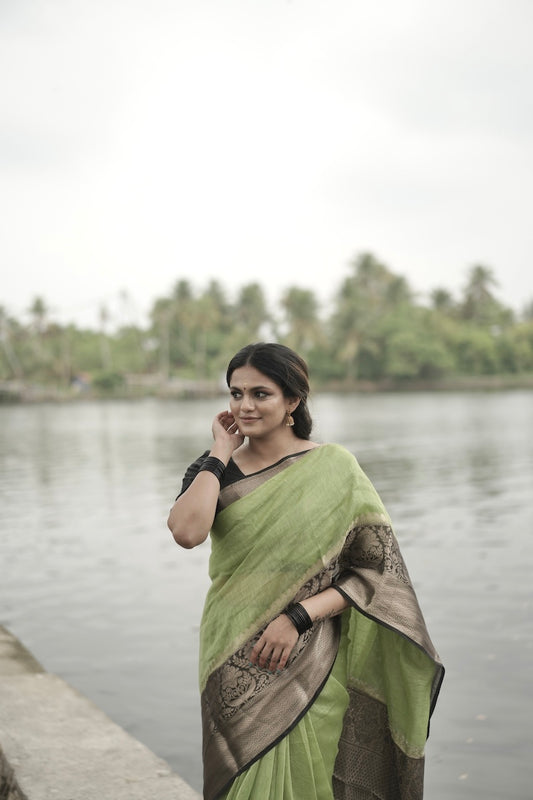 Neon Green Benarasi Silk Linen Saree