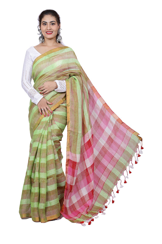 Light Green Striped Linen Saree