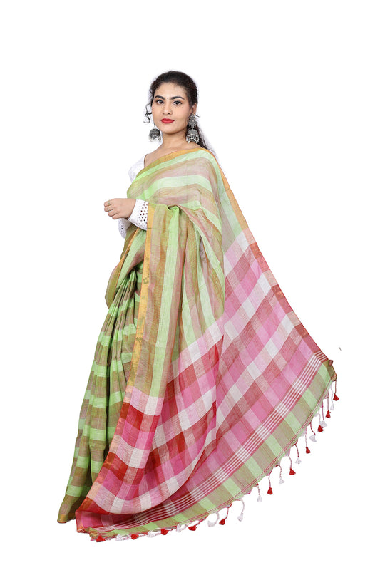 Light Green Striped Linen Saree