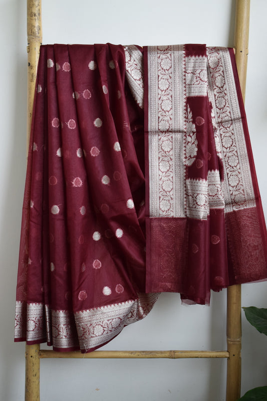 Maroon Kora Organza Buti Benarasi Saree