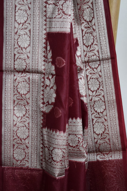 Maroon Kora Organza Buti Benarasi Saree