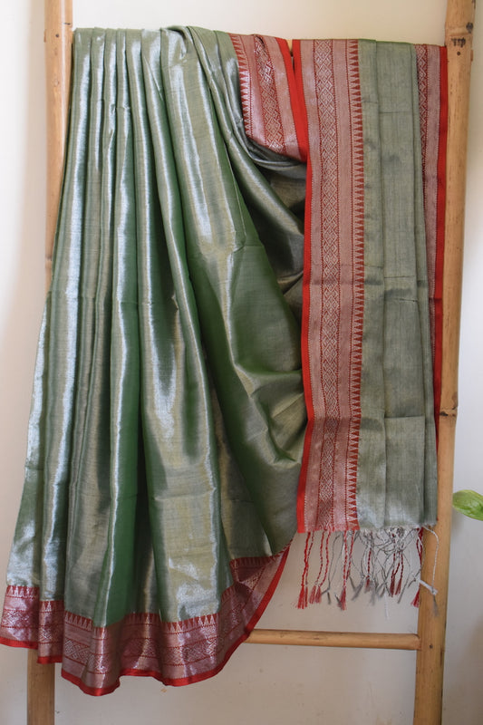 Mint Green Tissue Cotton Saree With Border