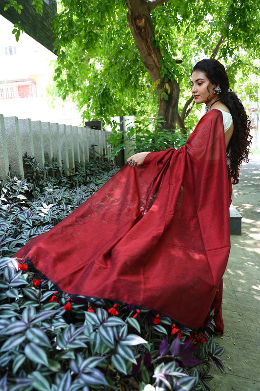 Oil Red Plain Cotton Saree