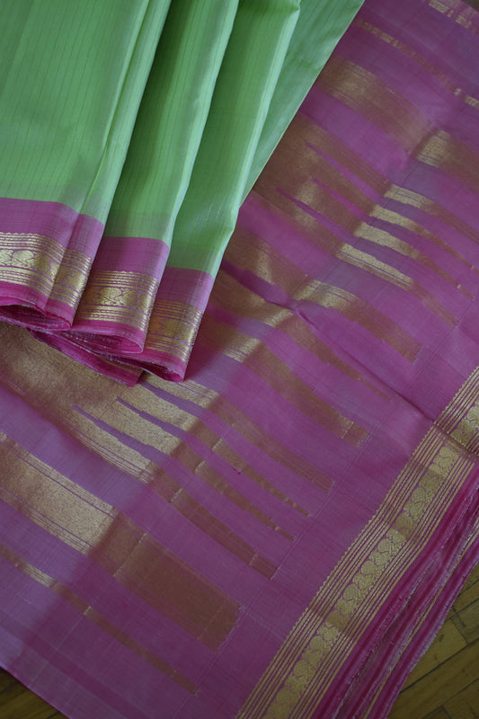 Parrot Green Kanjeevaram Stripes Silk Saree