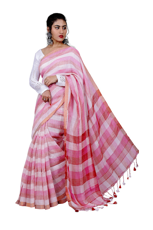 Baby Pink Striped Linen Saree