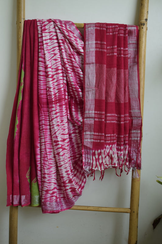 Pink Printed Linen Cotton Saree