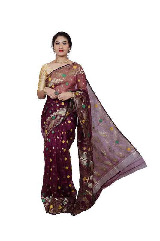 Purple Silk Cotton Jamdani Saree