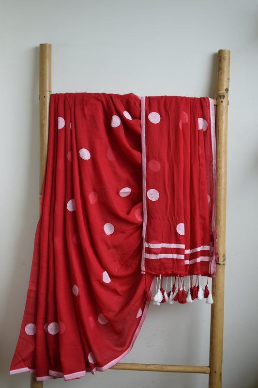 Red Polka Dots Mul Cotton Saree with tassels