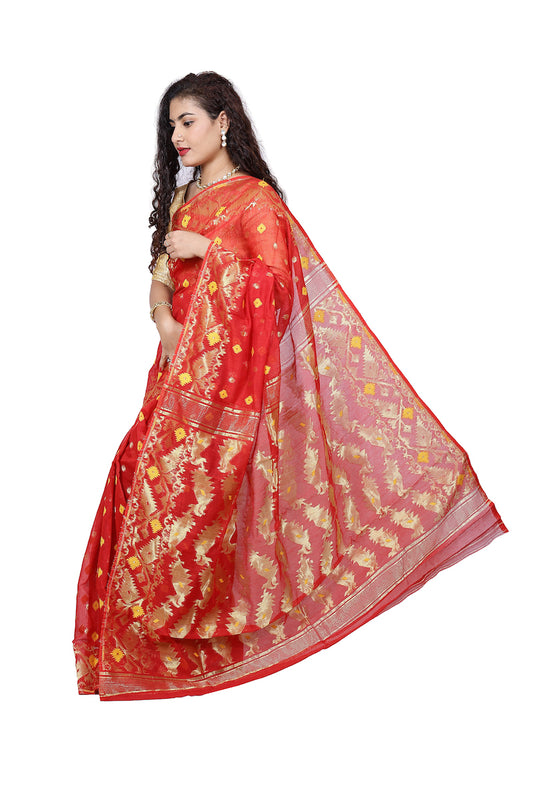 Red Silk Cotton Jamdani Saree