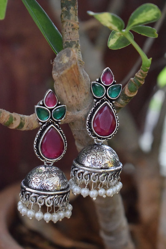 Red & Green Dual Stone Jhumka