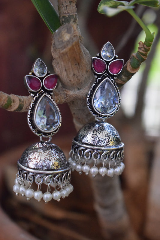 Reddish Pink & White Dual Stone Jhumka