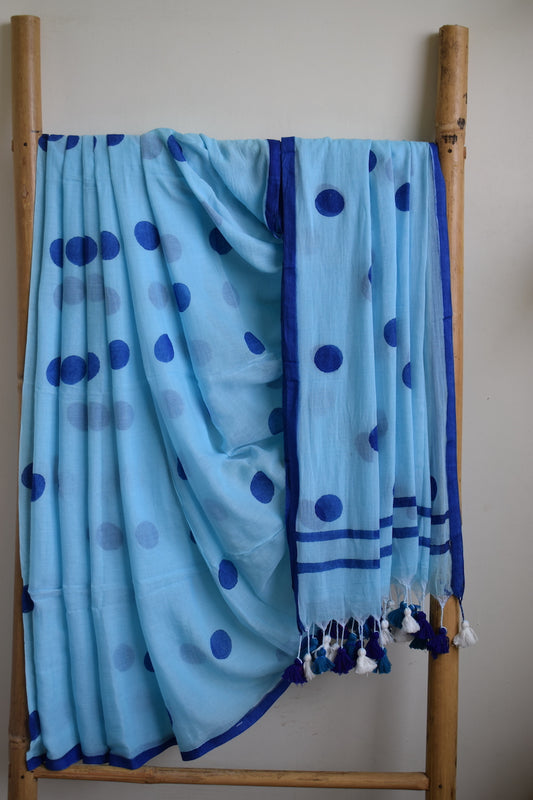 Sky Blue Polka Dots Mul Cotton Saree with tassels