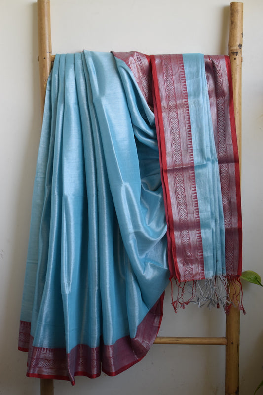 Sky Blue Tissue Cotton Saree With Border