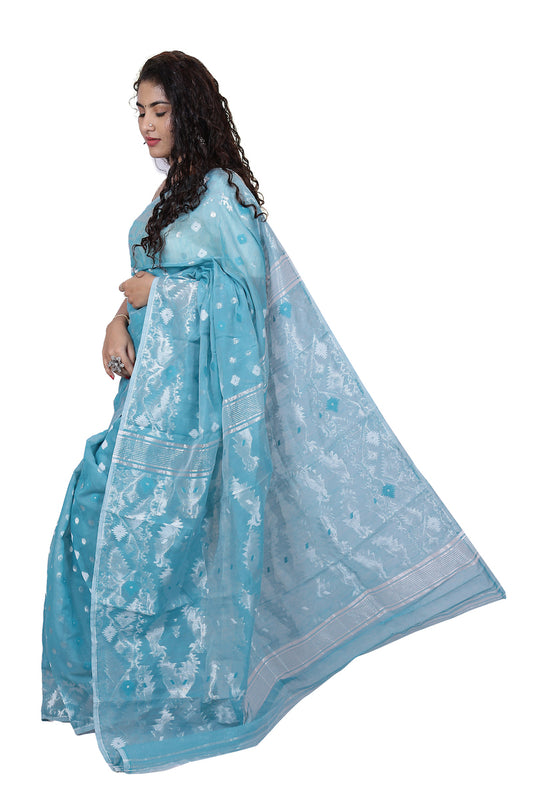 Sky Blue Silk Cotton Jamdani Saree