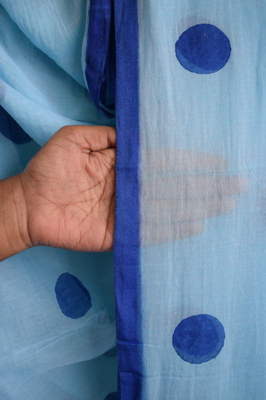 Sky Blue Polka Dots Mul Cotton Saree with tassels