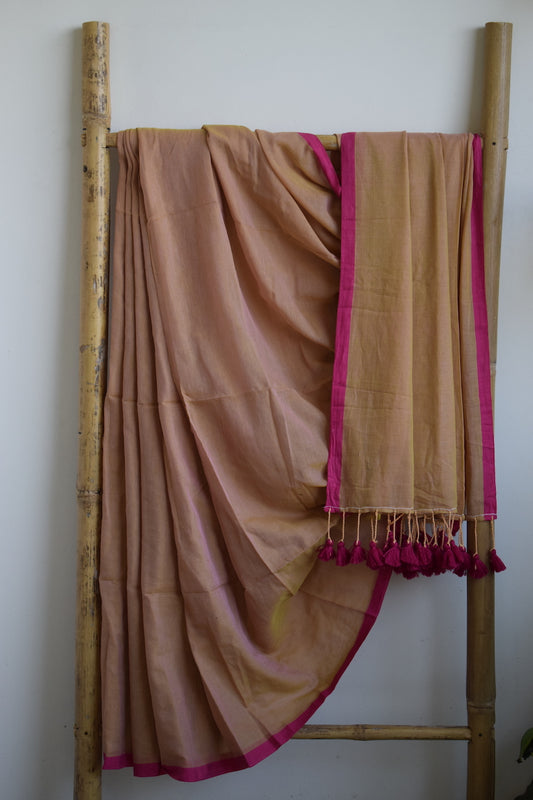 Tan Mul Cotton Saree with tassels