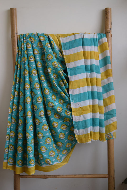 Turquoise Printed Mul Cotton Saree