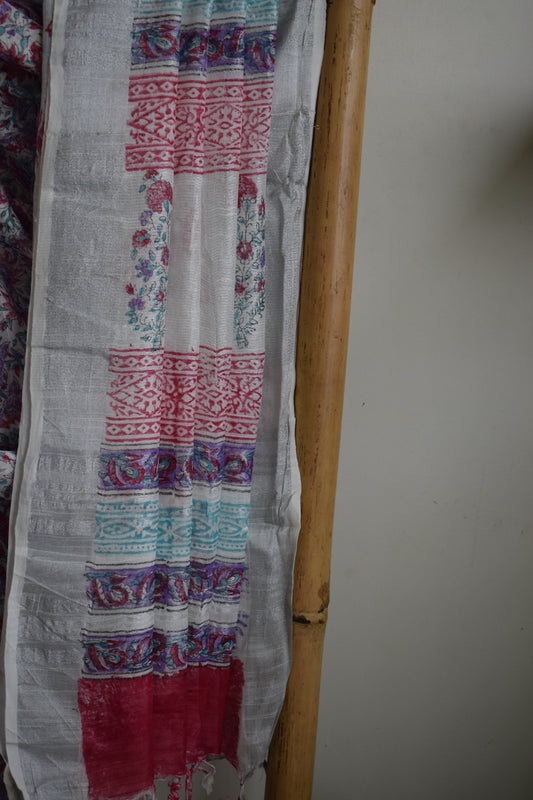 White Printed Linen Cotton Saree