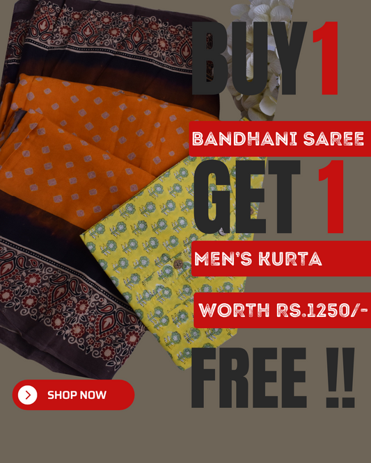 Haldi - Buy Ajrakh Bandhani Modal Silk Saree Get Men's Cotton Kurta Free