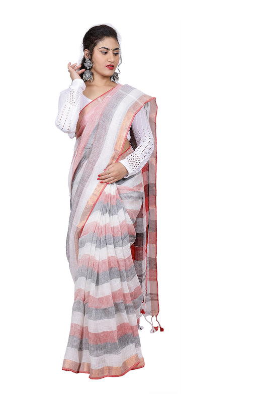 White Striped Linen Saree