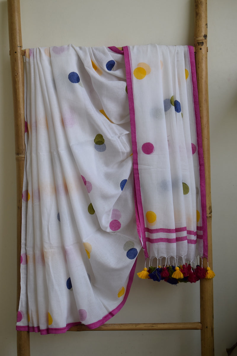 White Polka Dots Mul Cotton Saree with tassels