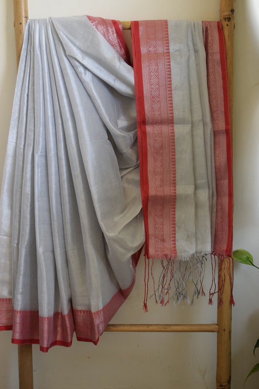 White Tissue Cotton Saree With Border