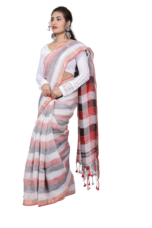 White Striped Linen Saree