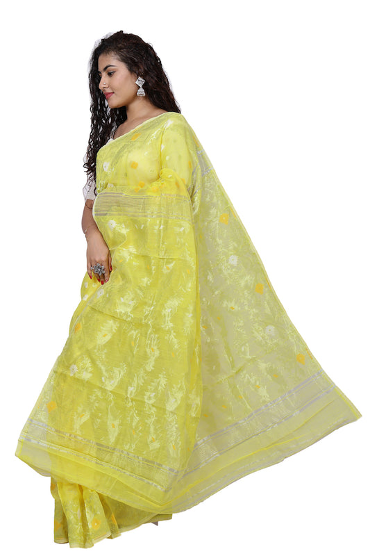 Canary Yellow Silk Cotton Jamdani Saree